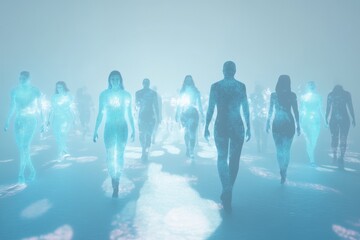 Holographic Digital Figures Walking in a Cybernetic Environment. Generative AI.