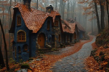 Enchanted houses in a misty forest with autumn foliage lining the path.