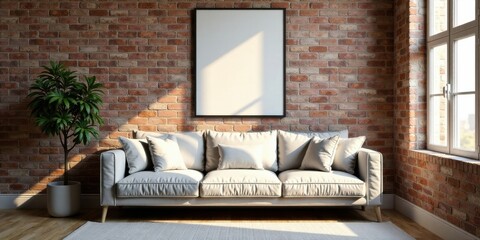 Sunlit Living Room with Neutral Sofa and Blank Canvas Above