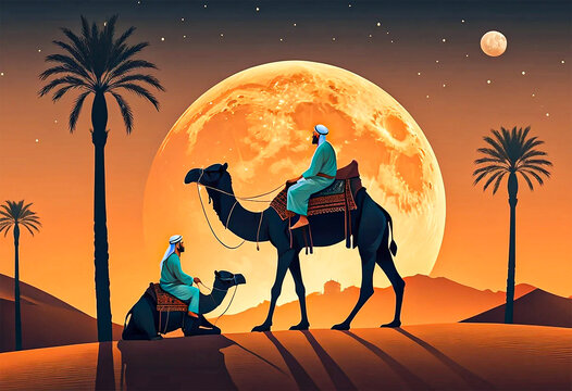 Sunset Arabic Desert Camel Caravan Muslim Islamic Culture Illustration