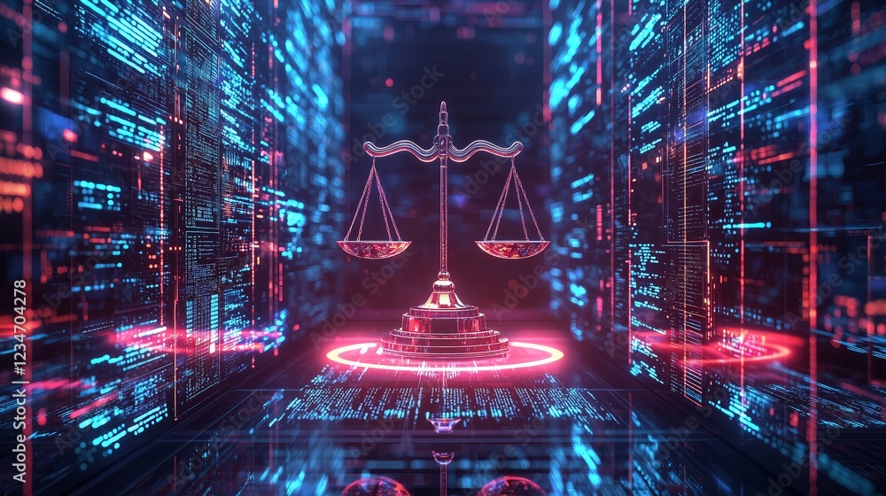 Aufkleber digital justice scale in neon data environment with cyber elements