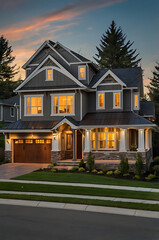 Fototapeta premium Luxury Modern Home Exterior at Dusk: Architectural Design and Landscaping