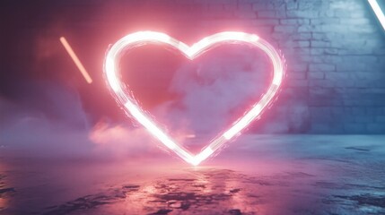 A glowing neon heart on a foggy surface with a brick - wall background.