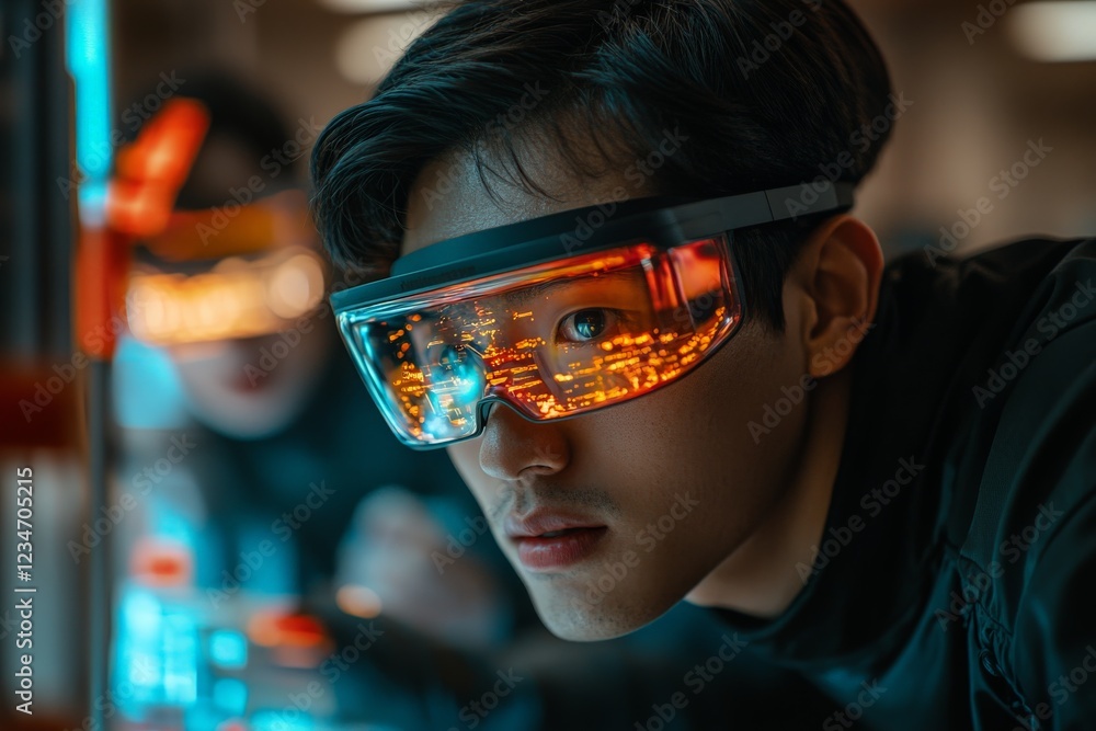 Aufkleber Young scientist conducts research in a high-tech lab with futuristic glasses while analyzing digital data