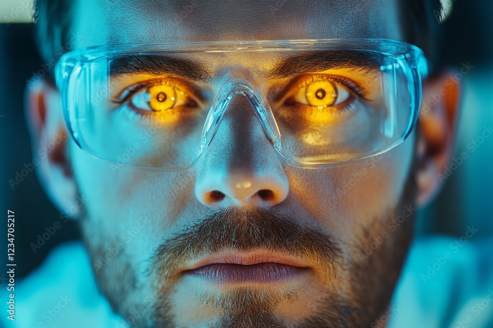 Poster intense focus of a scientist wearing protective glasses with glowing reflections in a laboratory set