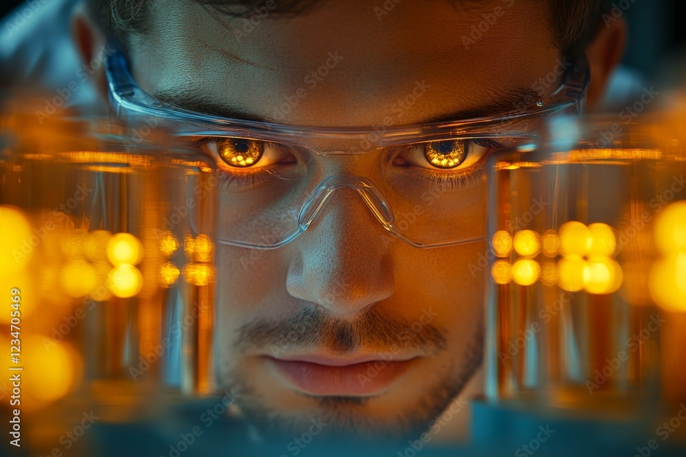 Leinwandbilder scientist examining glowing liquids in laboratory setting under artificial lighting during evening h