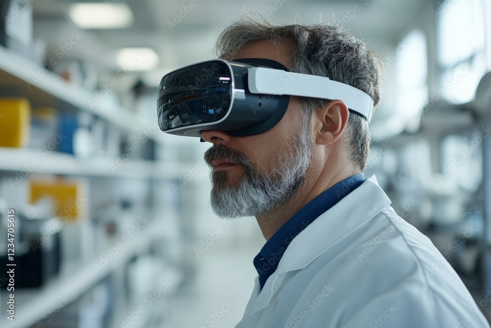Poster Professional using virtual reality headset in a laboratory setting for innovative research and development activities