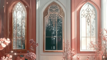Obraz premium ornate rose gold arch windows with pastel pink frames and blush floral decor featured in elegant architectural interior photography design