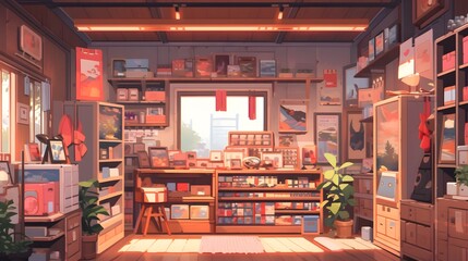 Cozy Retro Game Shop with Shelves of Classic Games and Nostalgic Dcor