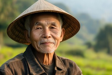 Fototapeta premium weathered vietnamese elder tending to terraced rice fields at dawn, traditional conical hat, morning mist rolling through mountains