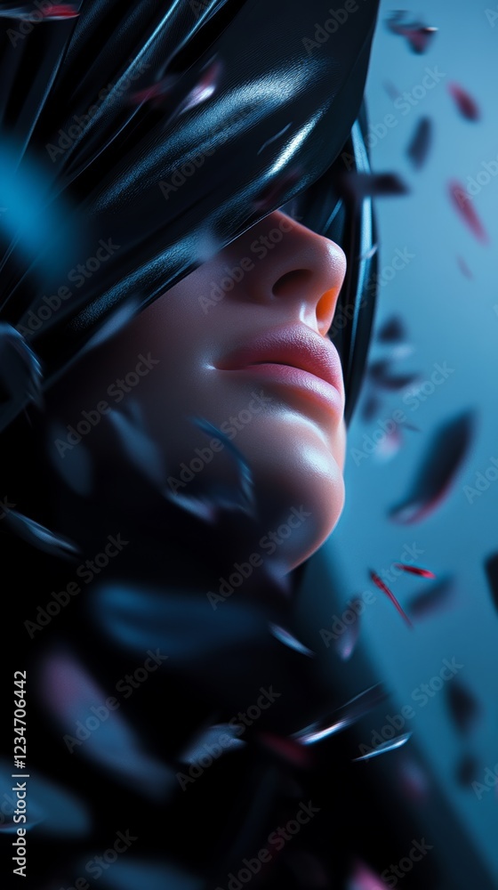 Poster mysterious character emerging from dark background surrounded by floating petals in a surreal artist