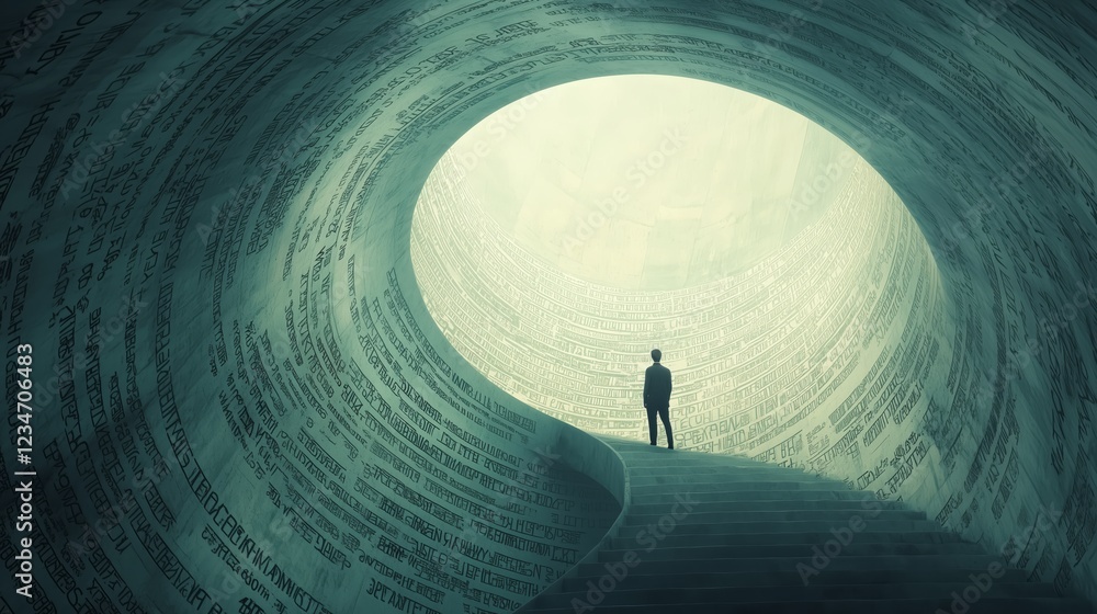 Poster man standing in abstract tunnel with text, symbolizing knowledge journey