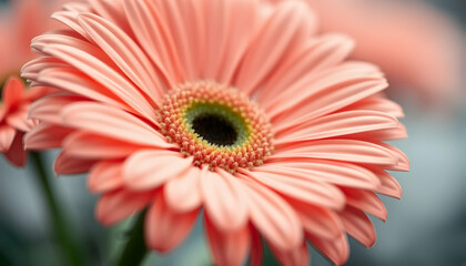 Close-up flower, gerbera daisy, salmon pink petals, dark center, soft focus, macro photography, delicate details, blurred background, vibrant colors, natural lighting, floral beauty, petal texture, bo