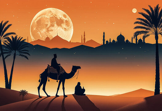 Sunset Arabic Desert Camel Caravan Muslim Islamic Culture Illustration
