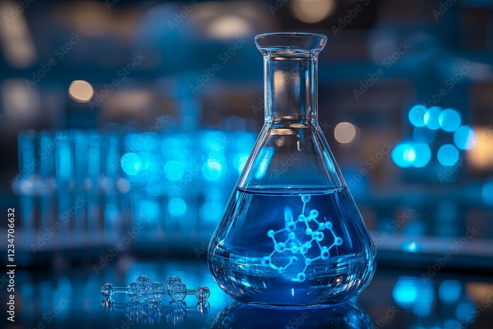 Poster Beaker filled with blue liquid showcasing molecular structure in a laboratory setting with glowing background