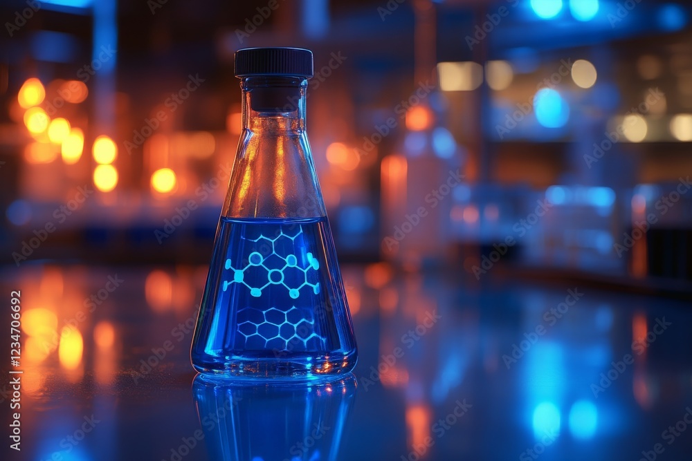 Poster laboratory flask filled with blue liquid and molecular structure under vibrant lighting at a researc