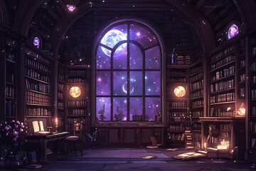 Obraz premium Grand Magical Library with Towering Bookshelves and Floating Books