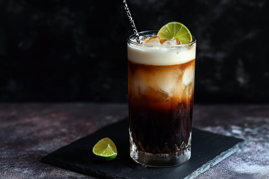 rich and indulgent dirty soda served in a tall, dark glass filled with ice, layered with flavored syrups and creamy coconut cream or half-and-half, and garnished with a slice of lime. Dark background