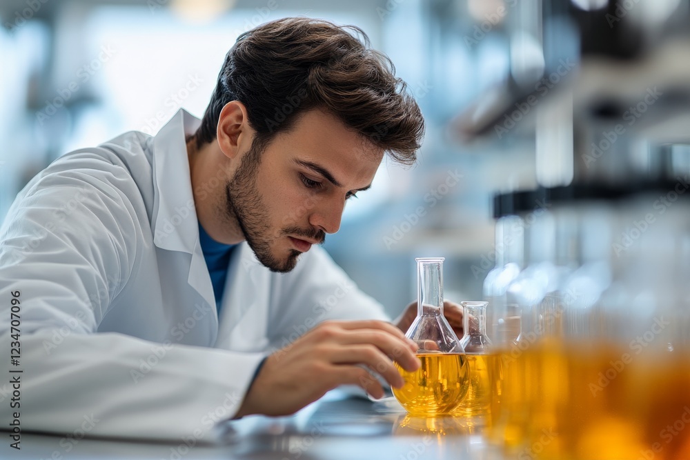 Aufkleber scientist conducts experiment in laboratory during daylight, analyzing contents with concentration a