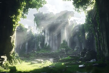 Ancient Overgrown Temple Ruins with Sunlit Forest