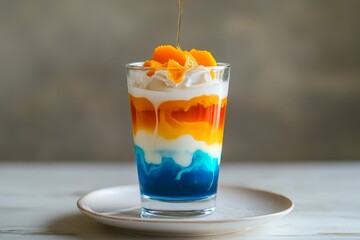 multi-layered drink features a bottom layer of bright blue butterfly pea tea, a middle layer of frothy white cream, and a top layer of vibrant orange mango puree