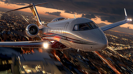 Fototapeta premium Private jet flying over city at sunset; luxury travel