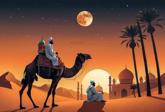 Sunset Arabic Desert Camel Caravan Muslim Islamic Culture Illustration