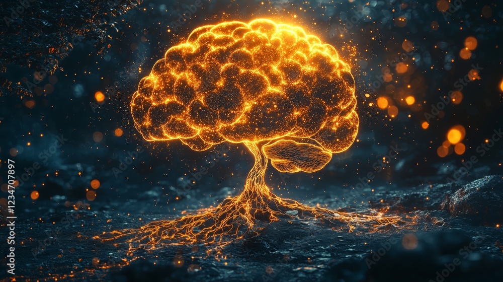 Poster glowing tree of knowledge with sparkling lights in dark forest