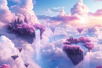 Surreal Dreamscape with Floating Islands and Skyward Waterfalls