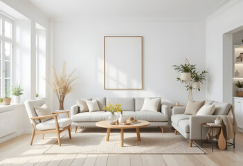 Fototapeta premium Frame mockup, ISO A2 size. Dining room wall visual mockup. Interior mockup with vibrant background. Contemporary interior design