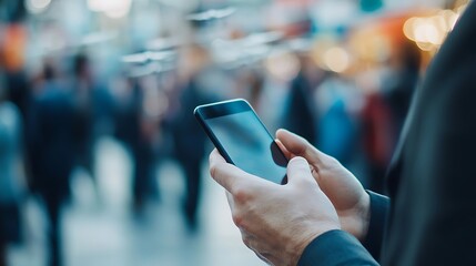 Phone use, crowds, blurred street, for urban life