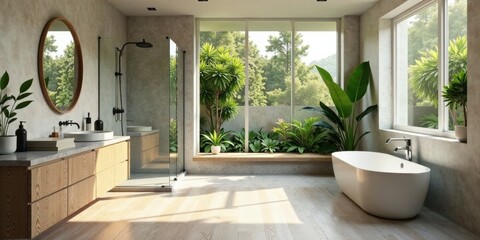 Fototapeta premium Serene Bathroom Sanctuary Modern Minimalist Design with Lush Greenery and Natural Light