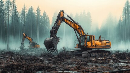 Excavation in misty forest heavy machinery operations timber harvesting foggy environment ground-level perspective industrial impact