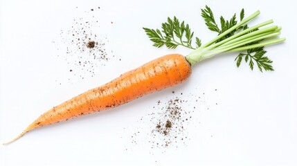 An overhead shot of a bright orange carrot with long, leafy green stems, showing the natural dirt remnants on its surface, isolated on a white background.