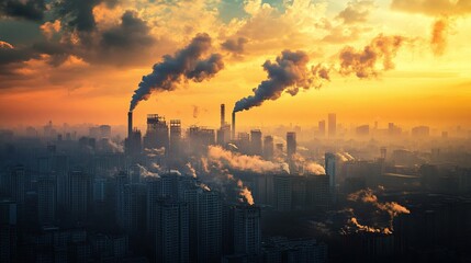 Obraz premium Industrial pollution impact on urban landscapes city at dusk photography cloudy environment aerial view environmental awareness