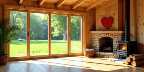 Fototapeta premium Rustic Cabin Interior with Sunlit Meadow View, Heart Decor, and Wood Burning Stove
