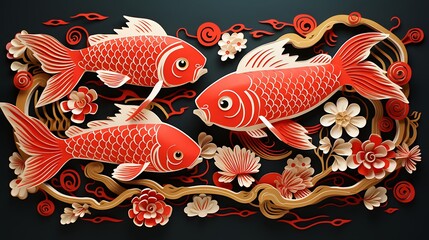 Koi Fish Paper Art: A mesmerizing intricate paper art depicts three red koi fish gracefully swimming amidst a backdrop of delicate floral and wave patterns in a traditional Japanese art style.