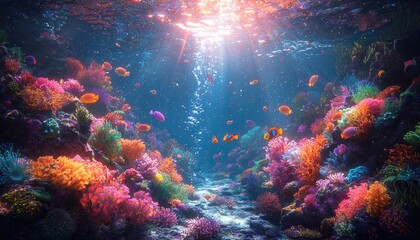 Fototapeta premium Vibrant Coral Reef Ecosystem With Colorful Fish Swimming