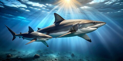 Obraz premium Majestic Sharks Swimming in Beautiful Sunlit Ocean Waters