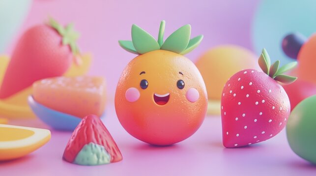 Happy pineapple with fruits, pastel background, playful mood, kids content