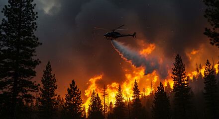 Helicopter fights wildfire with water drop on burning pine trees. Ideal for firefighting, environmental, and emergency response concepts.