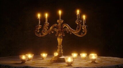 An ornate gold candelabra with curved arms, standing on a luxurious tablecloth, surrounded by glowing candles.