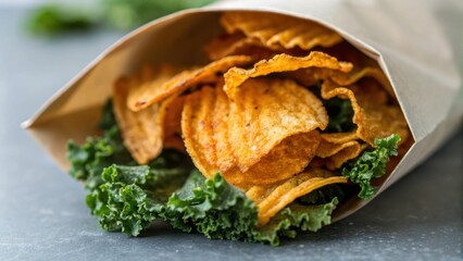 Crispy vegetable chips seasoned with spices are served in a paper cone placed on a bed of fresh kale leaves, offering a healthy and delicious snack