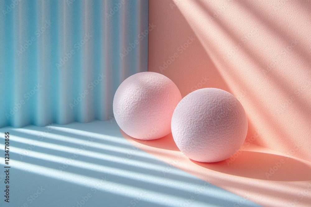 Poster Soft textured spheres positioned on a pastel background with striped shadows creating a calming atmosphere