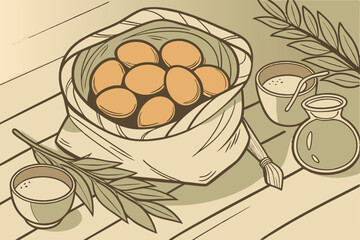  Fresh brown eggs, rustic burlap sack, wooden table, soft natural lighting, farm-fresh produce, organic textures, earthy tones, country kitchen, high detail, shallow depth of field, food photography