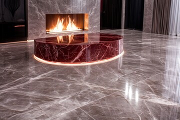 An opulent living space featuring a central fireplace encased in deep red marble, with luxurious veining running through it. The floor, in contrast, is a soft grey marble with lighter veining