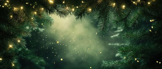 Enchanted Forest Gathering Concept. A serene, softly lit background of evergreen branches with twinkling lights and a hint of mist, evoking a festive, magical atmosphere.