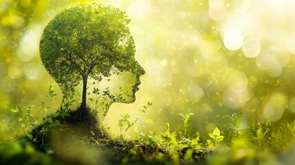 Tree and Human Silhouette in Lush Green Nature Background
