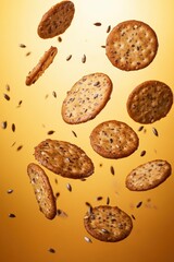 Crispy, round crackers filled with flax and sesame seeds float mid-air against a bright golden background, creating a striking food photography composition.