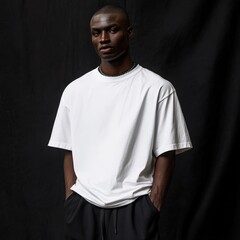 A confident man in a casual white t-shirt poses against a dark, moody backdrop, exuding modern fashion and individuality. 
